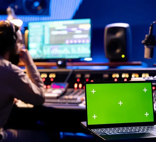 Una persona en un estudio de grabación se sienta frente a una consola de mezclas, con una computadora portátil con una pantalla verde al frente.