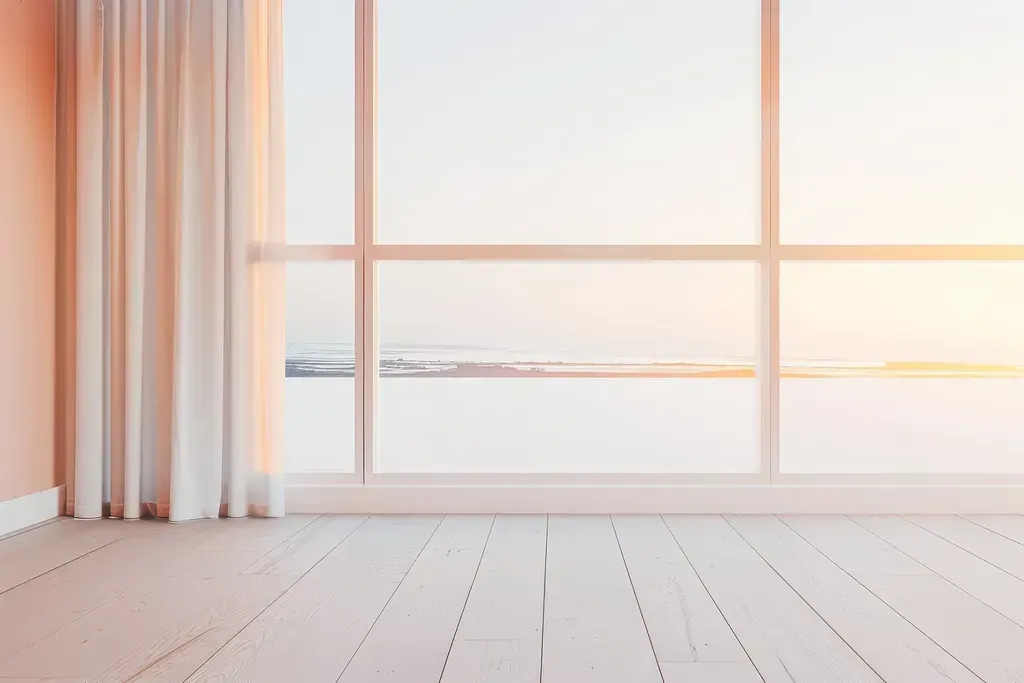Habitación vacía con un gran ventanal con vistas a un paisaje invernal. Suelo de madera blanca y paredes rosa pálido. Cortinas a la izquierda.