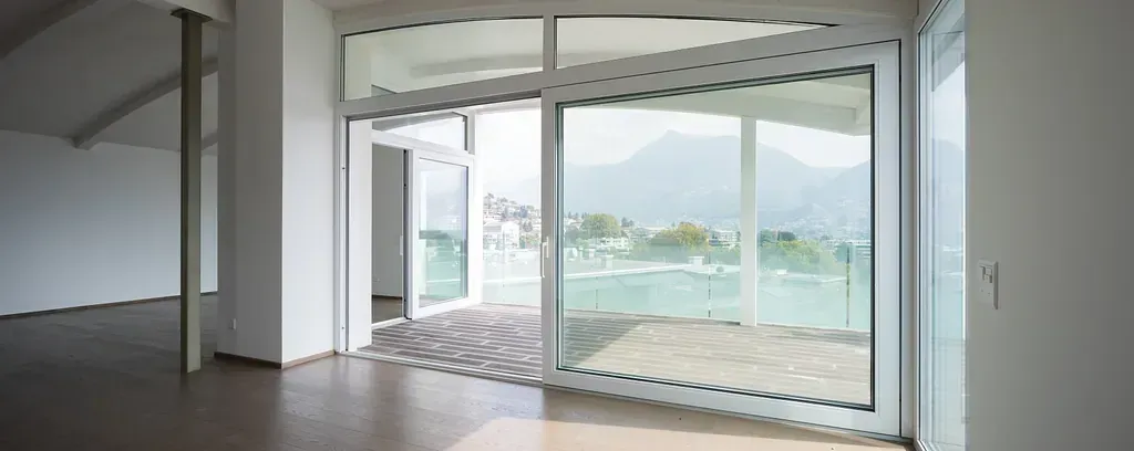Un interior moderno y vacío con ventanales que dan a la montaña. La habitación tiene paredes blancas, suelo oscuro y una puerta abierta.