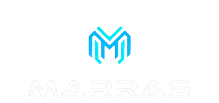 Logotipo para MARRAS: una “M” estilizada en azul turquesa con un diseño geométrico encima del nombre de la empresa.