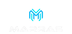 Logotipo para MARRAS: una “M” estilizada en azul turquesa con un diseño geométrico encima del nombre de la empresa.