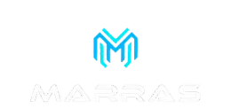 Logotipo para MARRAS: una “M” estilizada en azul turquesa con un diseño geométrico encima del nombre de la empresa.