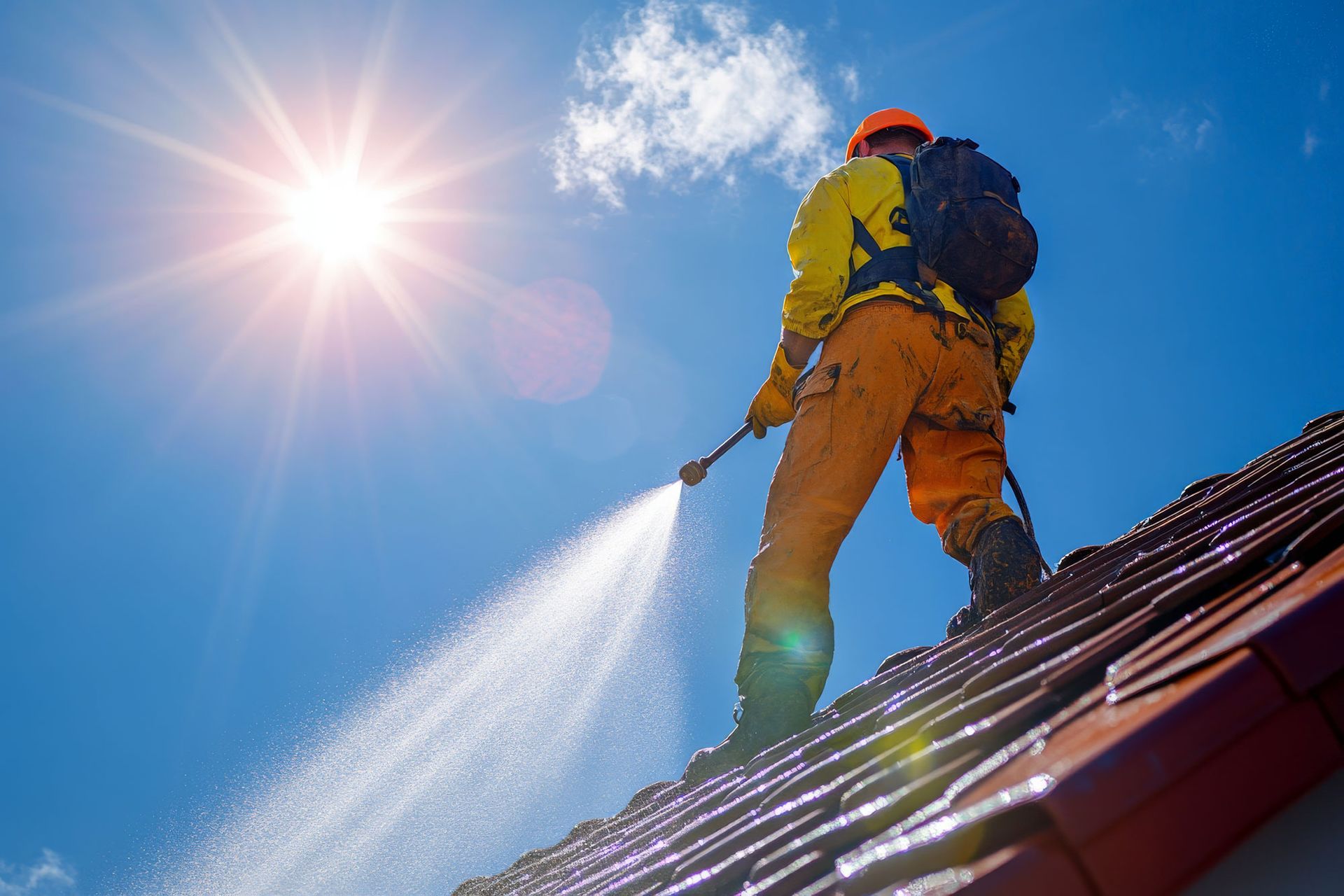 Ein Mann spritzt mit einem Hochdruckreiniger Wasser auf ein Dach.