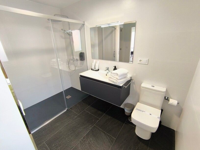 Un baño con inodoro, lavabo y ducha.