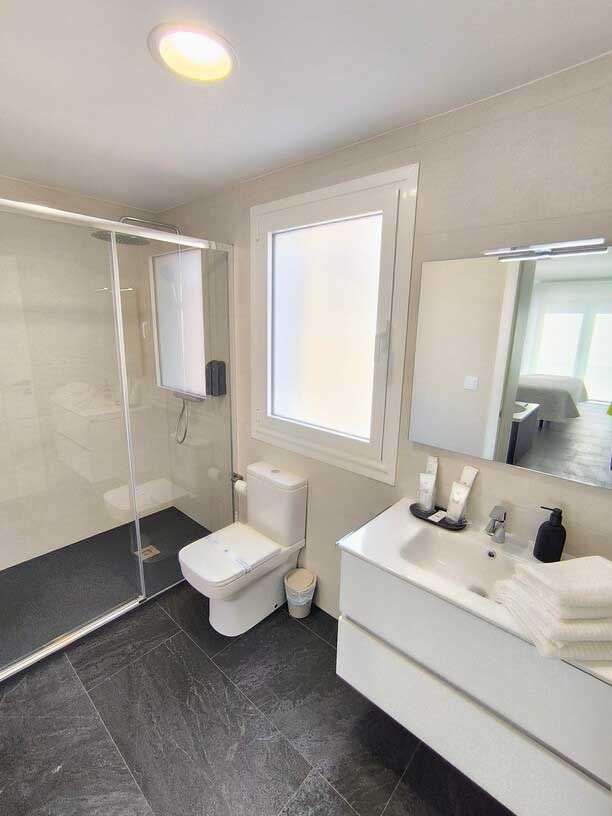 Un baño con inodoro, lavabo y ducha.