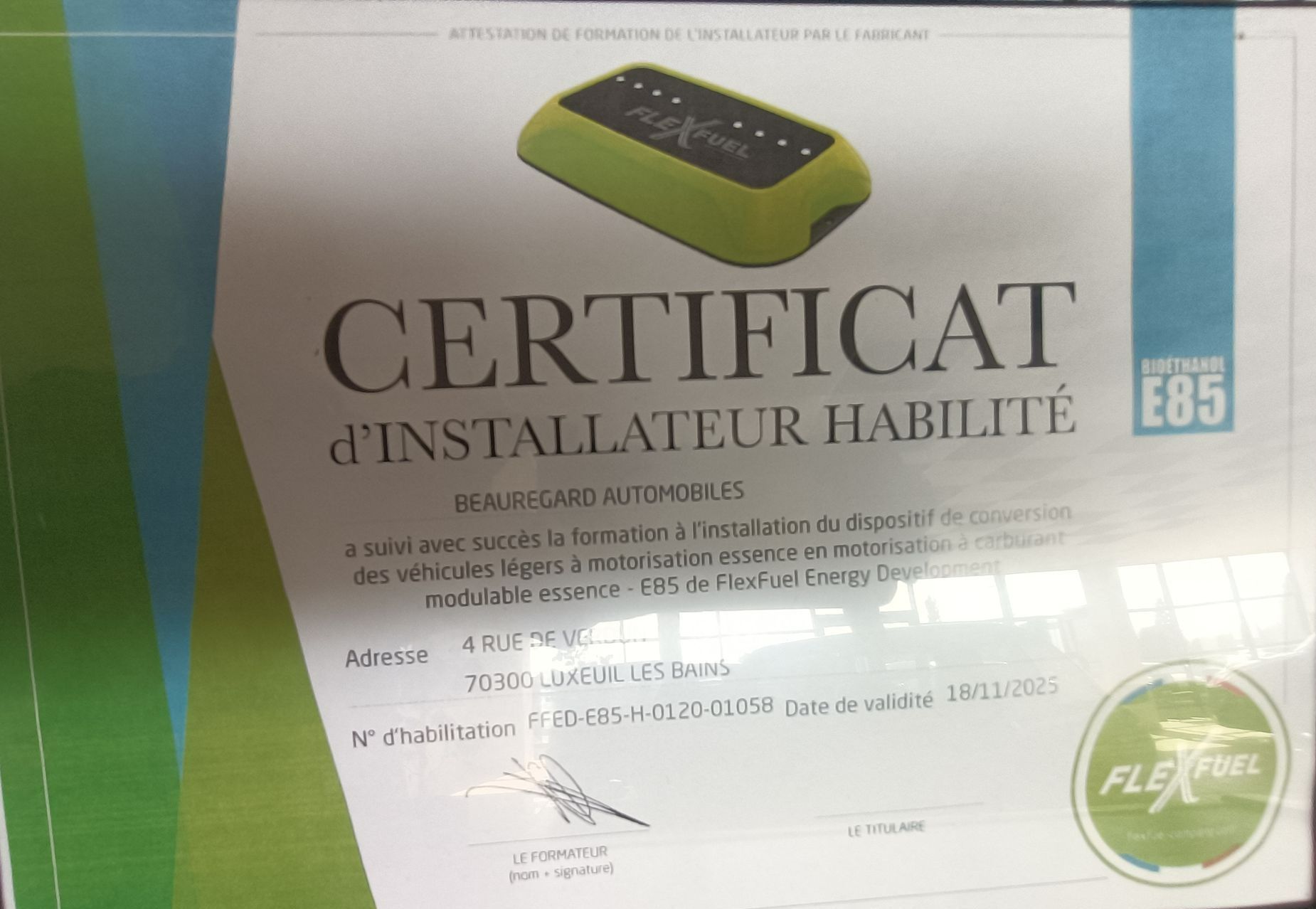 Certificat FlexFuel