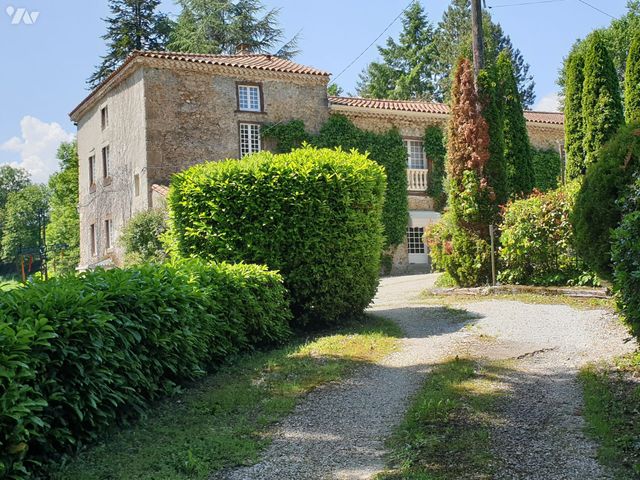 Maison en pierre avec un chemin de gravier, des haies verdoyantes et de grands arbres dans un jardin ensoleillé.