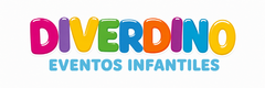Logotipo colorido de “DIVERDINO” con “EVENTOS INFANTILES” en texto azul claro
