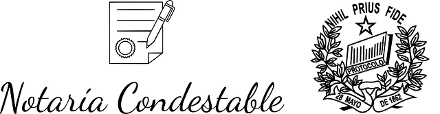 Logotipo de Notaria Contestable con icono de documento y pluma y un escudo con la inscripci&oacute;n &ldquo;PRIUS FIDE&rdquo;.