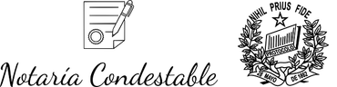 Logotipo de Notaria Contestable con icono de documento y pluma y un escudo con la inscripci&oacute;n &ldquo;PRIUS FIDE&rdquo;.