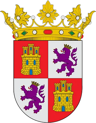 Un escudo cuartelado coronado con castillos dorados y leones púrpuras sobre campos rojos y blancos.