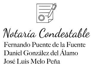Notaría Condestable logo with document and pen icon; names: Fernando Puente de la Fuente, Daniel González del Álamo, José Luis Melo Peña