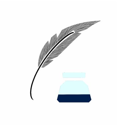 Icono de pluma gris y tintero azul sobre fondo blanco