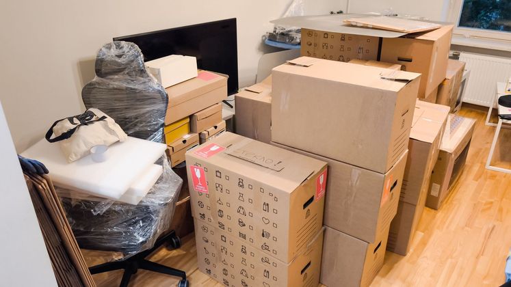 Une pièce remplie de cartons d'emballage bruns de toutes sortes, une chaise recouverte de film plastique et une grande télévision à écran plat.