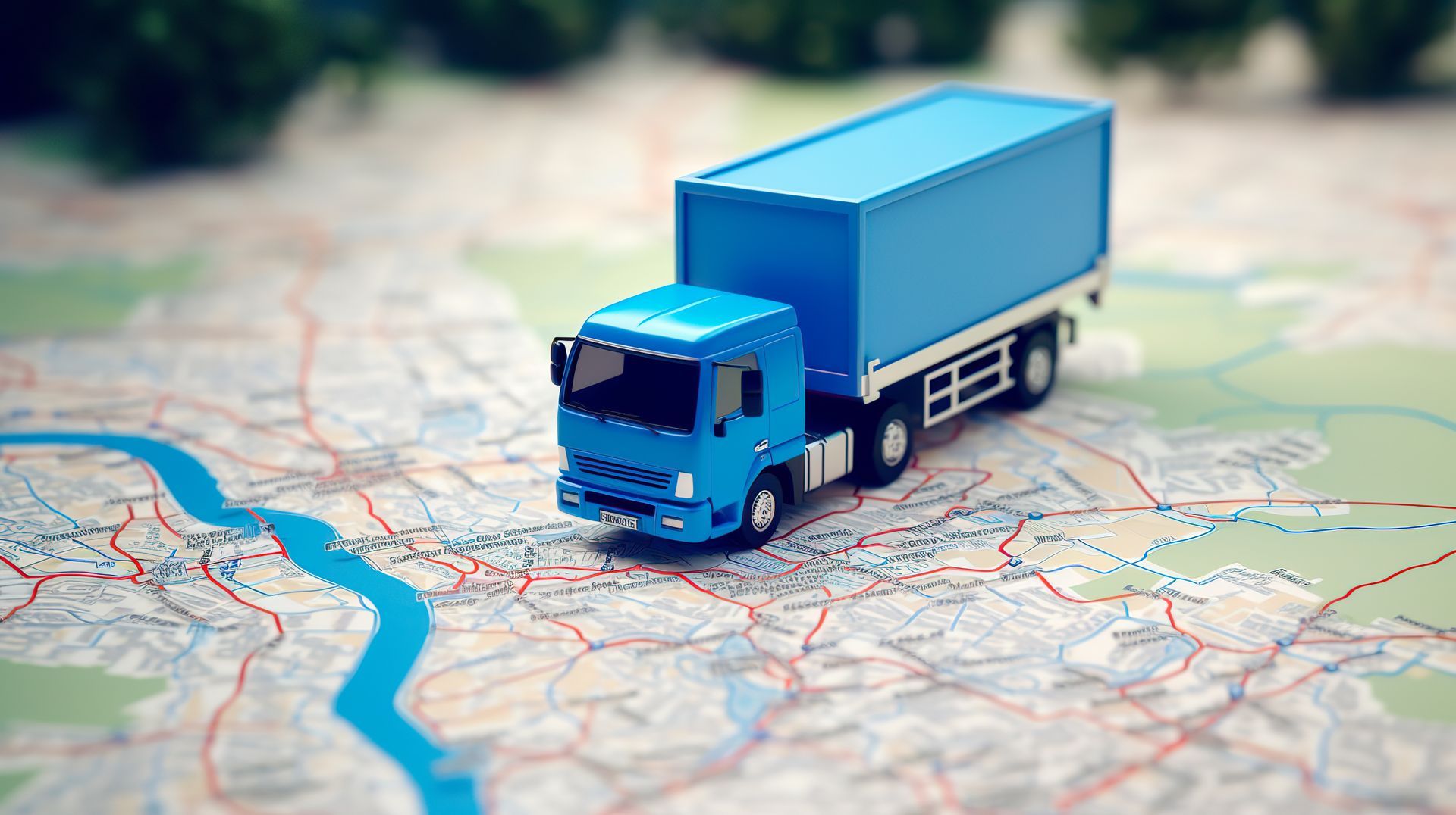 Un camion de livraison de jouets bleu est posé sur une carte de ville en papier détaillée.