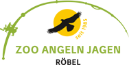 Ein Zoo-Angeln-Jagen-Logo mit einem Vogel auf gelbem Hintergrund
