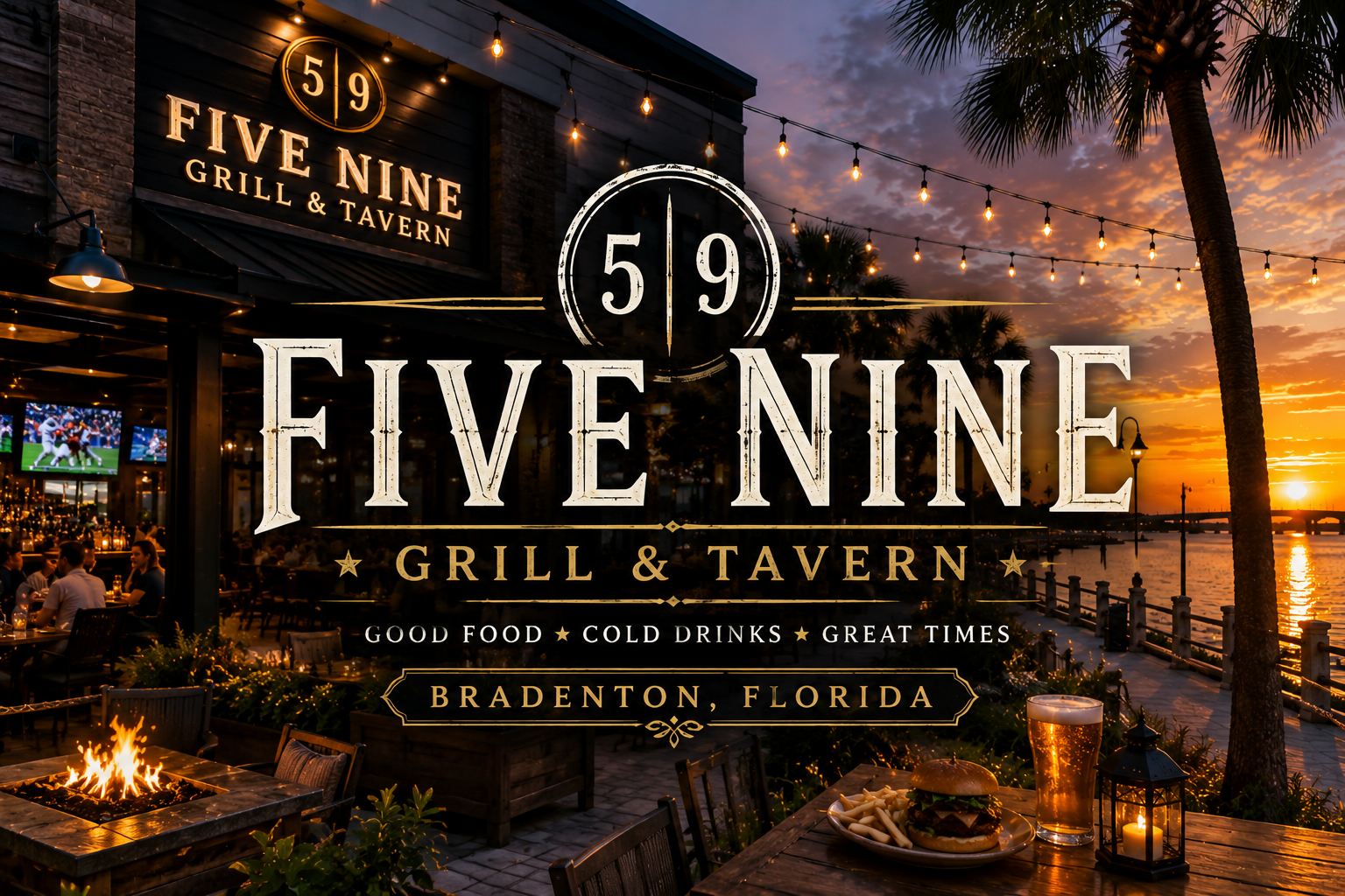 Five Nine Grill & Tavern sign at sunset with waterfront patio and warm string lights in Bradenton, Florida