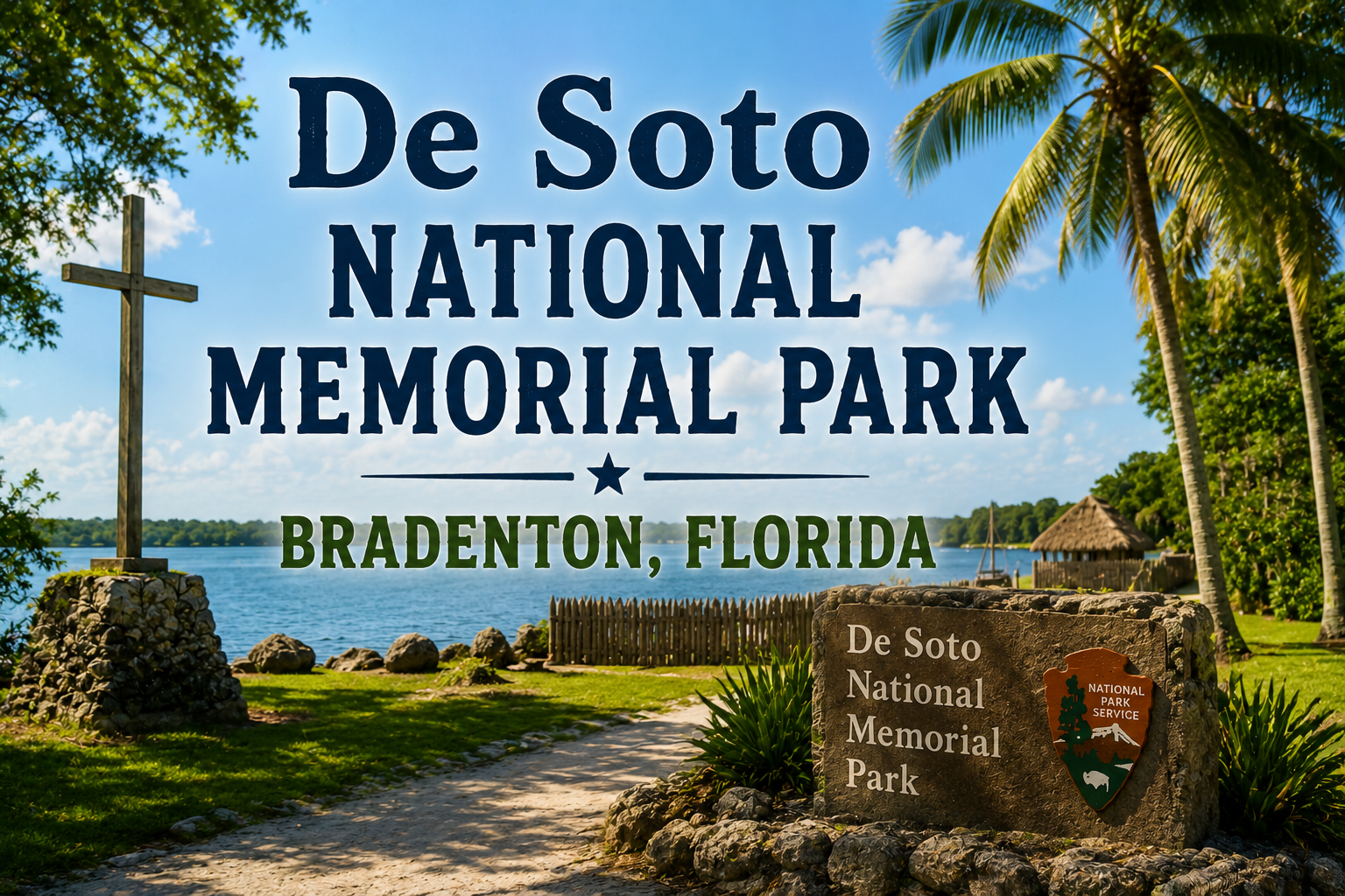 De Soto National Memorial Park sign with palm trees, blue sky, and Bradenton, Florida text
