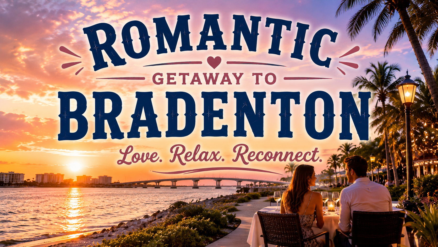 Sunset beach scene with text “Romantic getaway to Bradenton” and people relaxing by the water