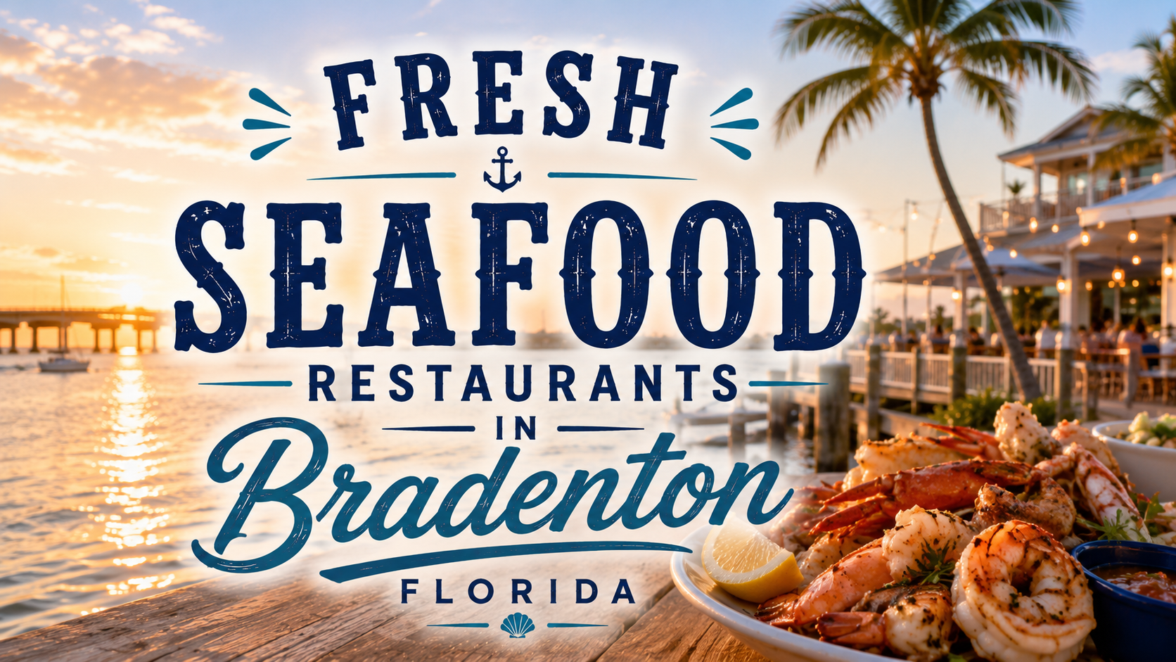 Fresh seafood restaurant sign in Bradenton, Florida, with palm trees and waterfront sunset backdrop