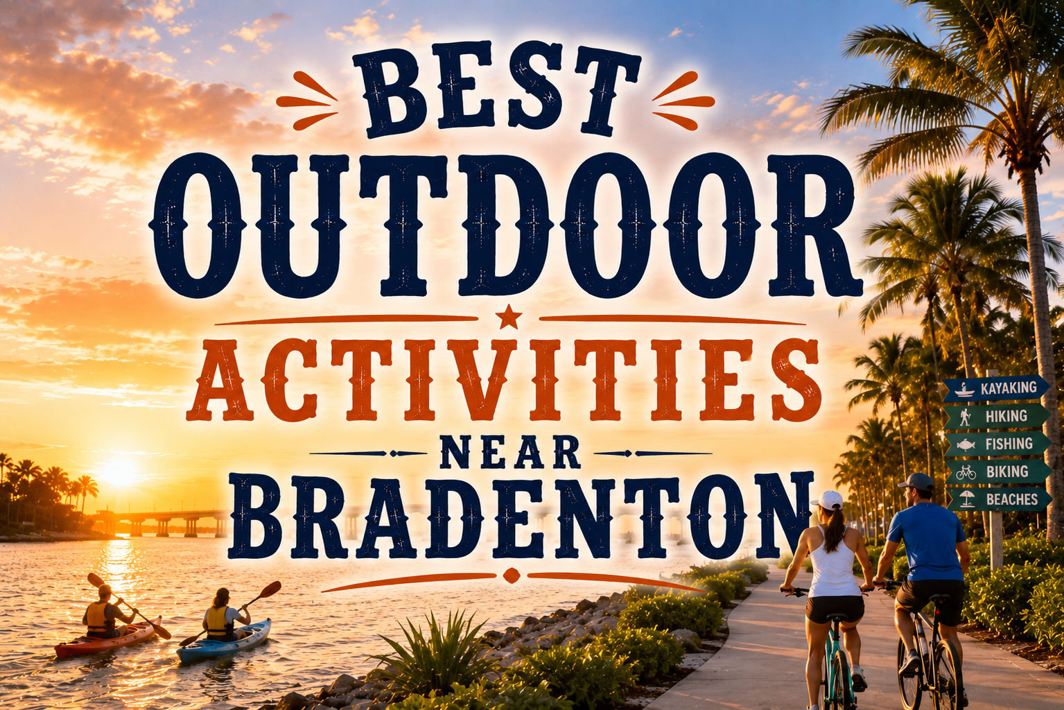 Sunset beach scene with cyclists and palm trees, overlaid text: Best Outdoor Activities Near Bradenton