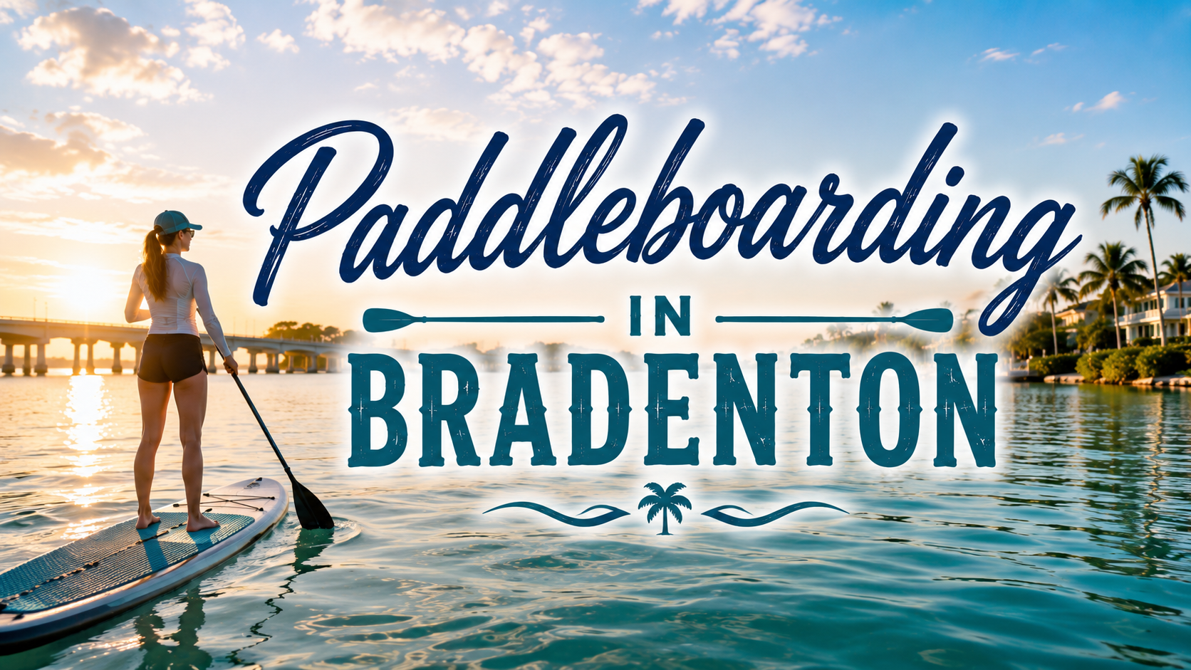 Paddleboarder at sunset on calm water with “Paddleboarding in Bradenton” text and palm trees.