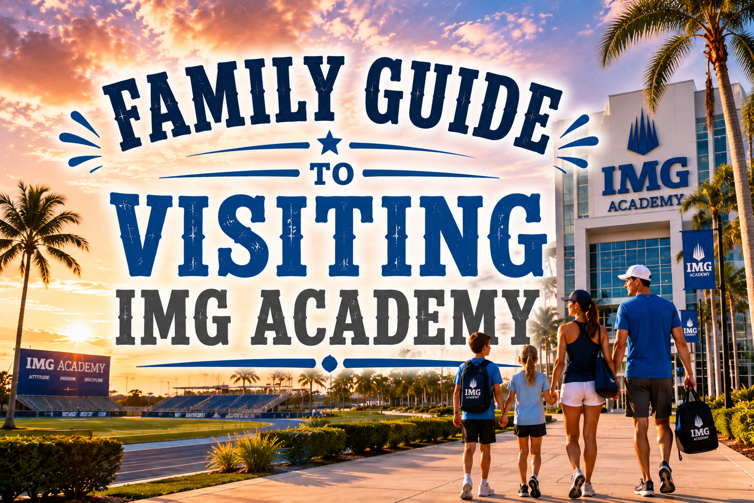 Family guide to visiting IMG Academy with a sunset campus scene and people walking