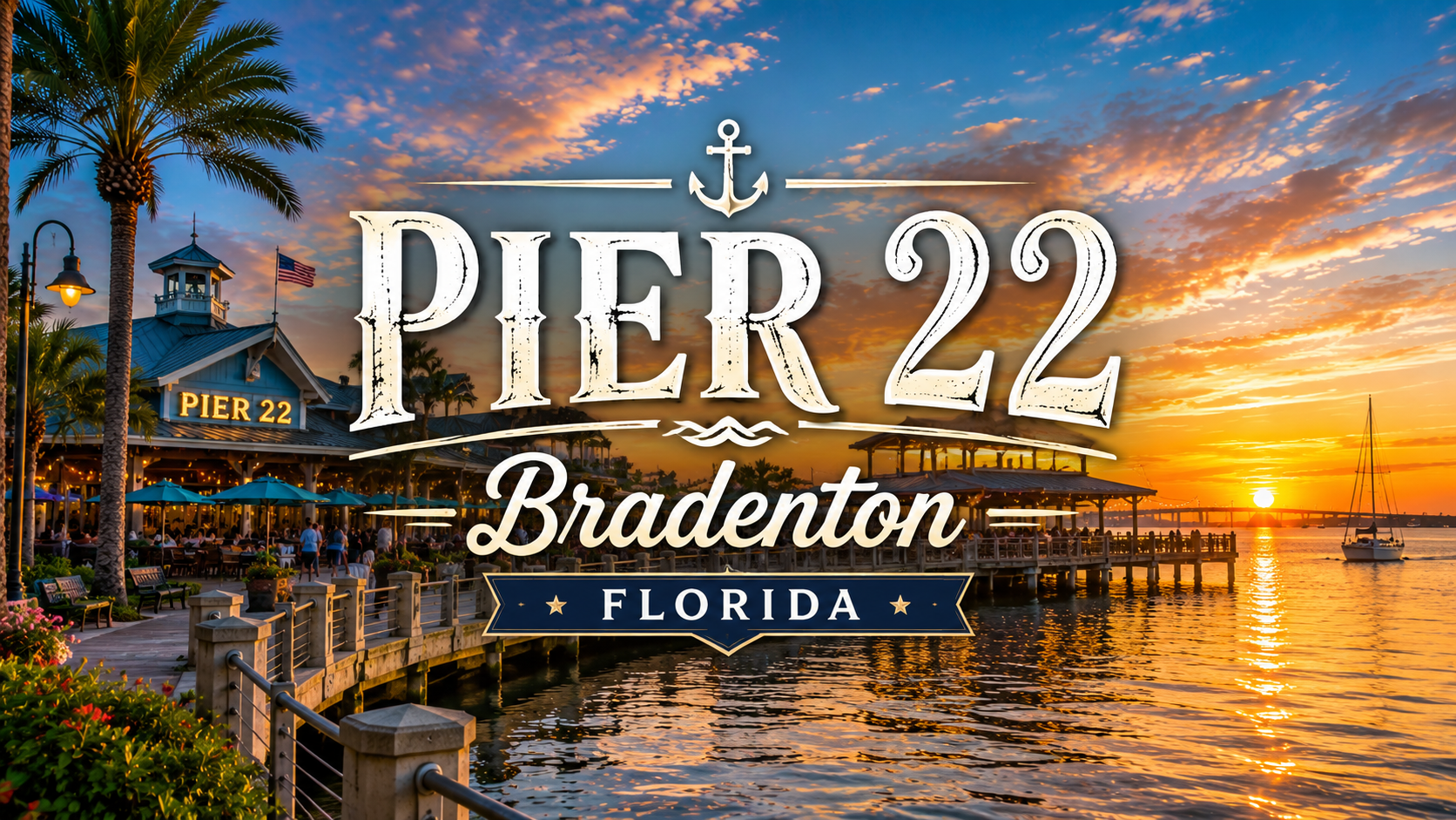 Pier 22 Bradenton Florida sign over a waterfront sunset with palm trees and boats