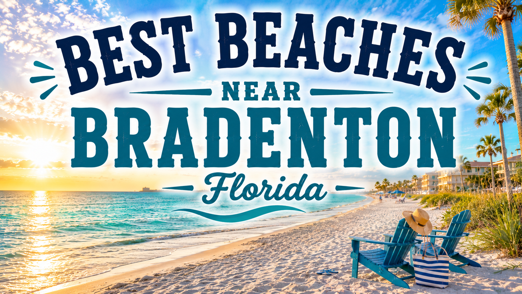 Graphic reading “Best Beaches Near Bradenton, Florida” over a sunny beach scene with lounge chairs and waves.