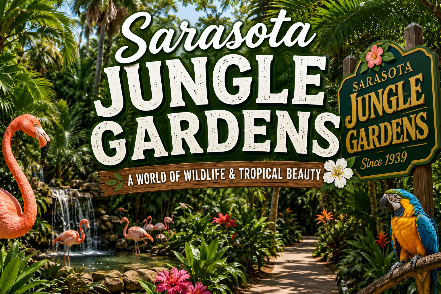 Sarasota Jungle Gardens sign in lush tropical greenery with flamingos, waterfall, and a colorful parrot