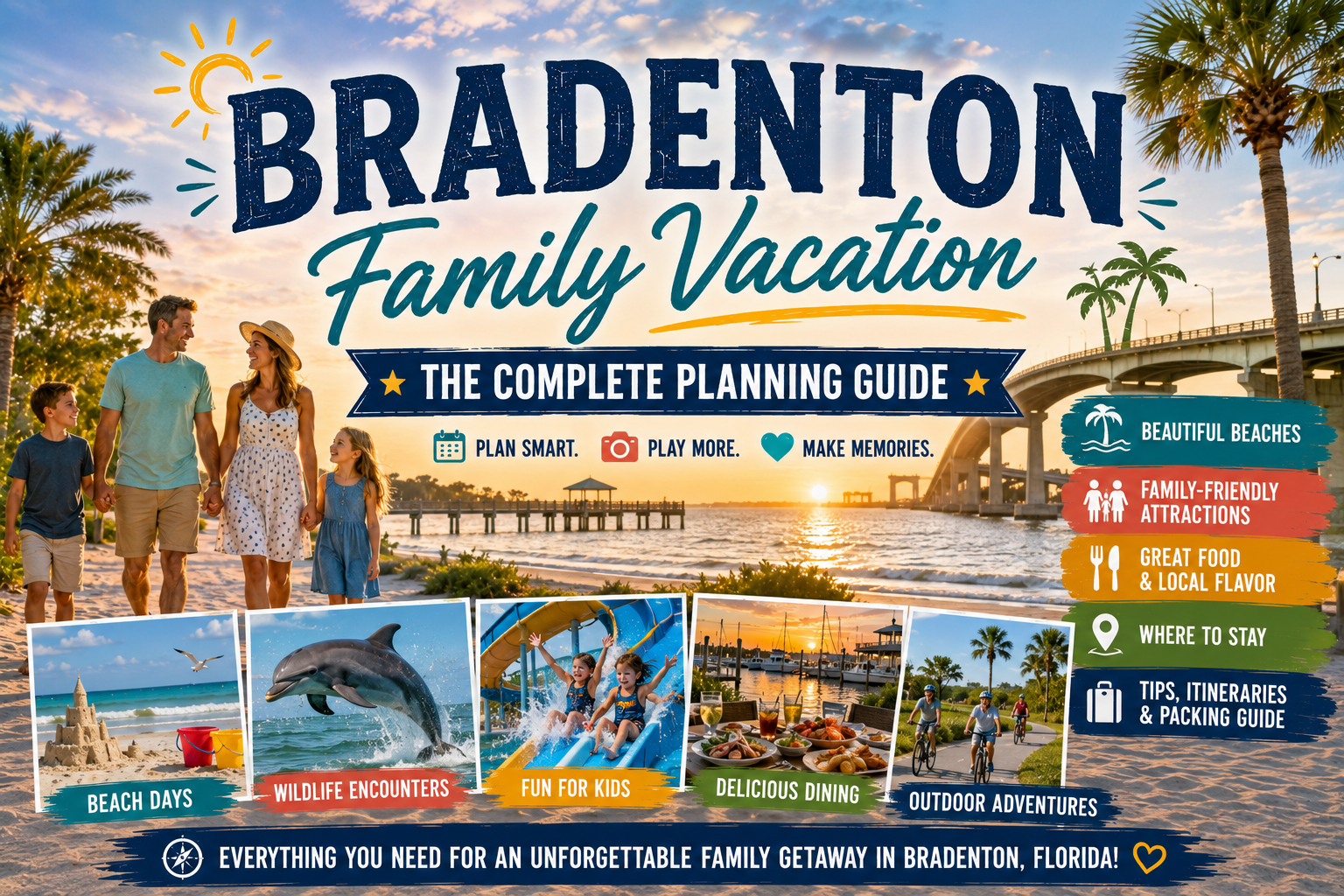 Bradenton family vacation guide poster with beach scenes, attractions, and travel tips under a sunny palm tree backdrop