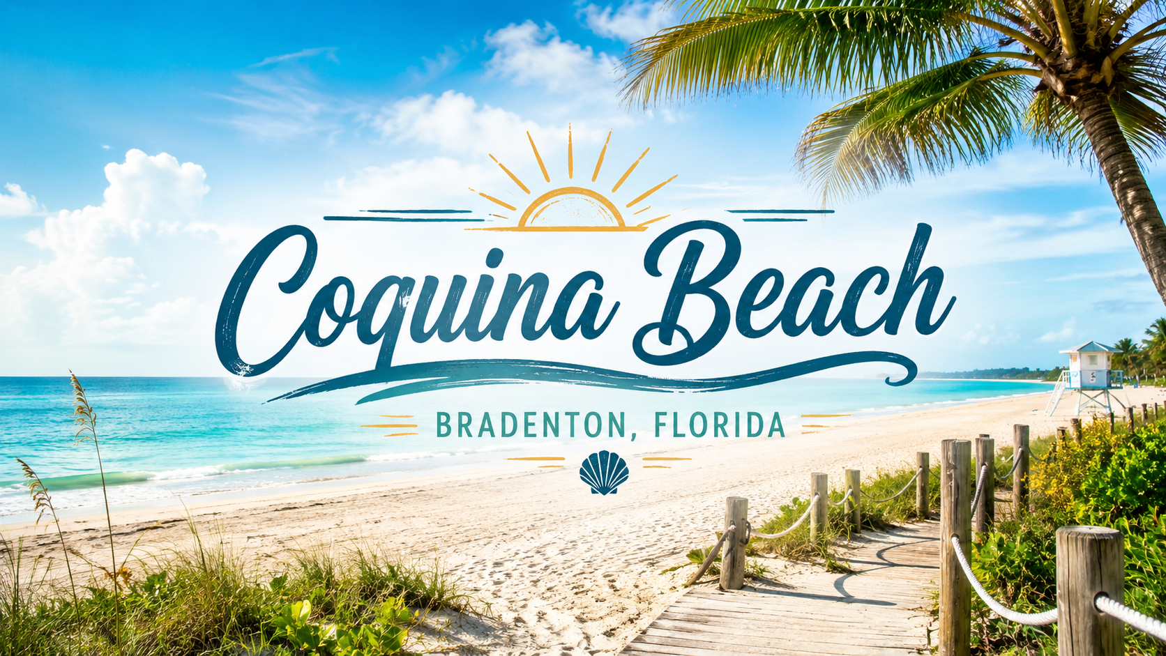 Coquina Beach sign over a sunny white-sand beach with turquoise water and palm trees in Bradenton, Florida