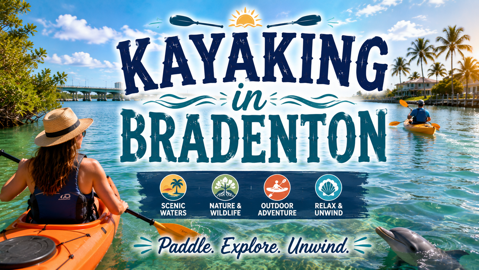 Kayaking in Bradenton travel poster with paddleboarder, palm trees, and turquoise water; “Paddle. Explore. Unwind.”