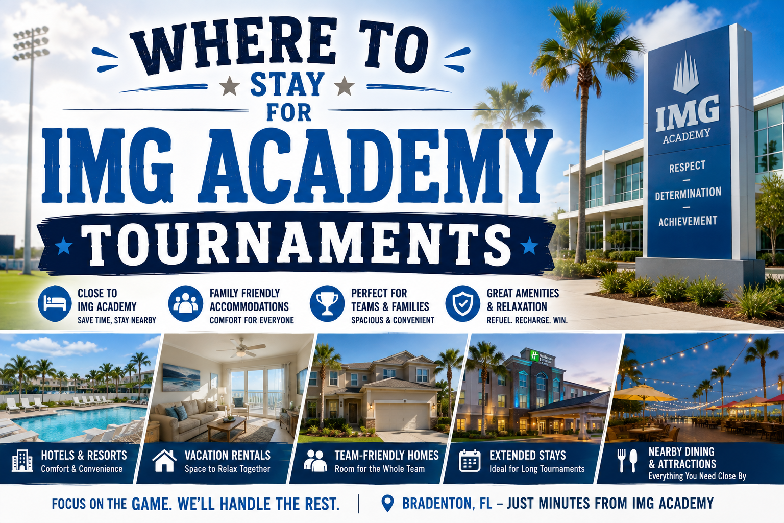 IMG Academy soccer tournaments poster with stadium, palm trees, blue sky, and schedule details