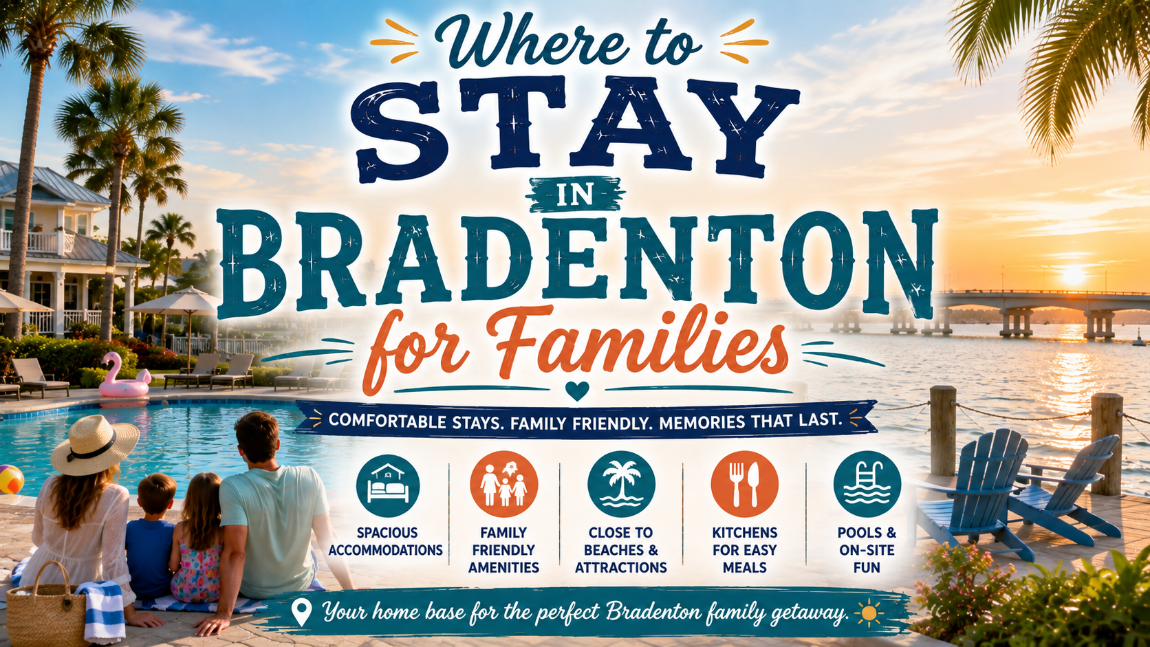 Bradenton family stay ad with beach resort, poolside guests, and sunset waterfront scene