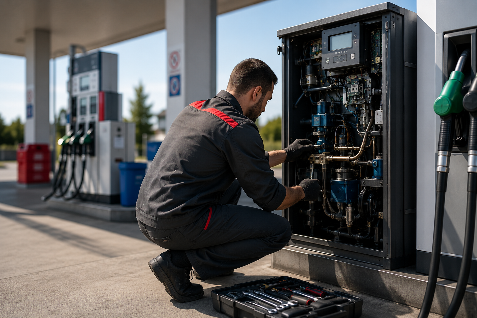 Un mecánico se arrodilla junto a un surtidor de gasolina abierto, inspeccionando la maquinaria expuesta en una gasolinera.
