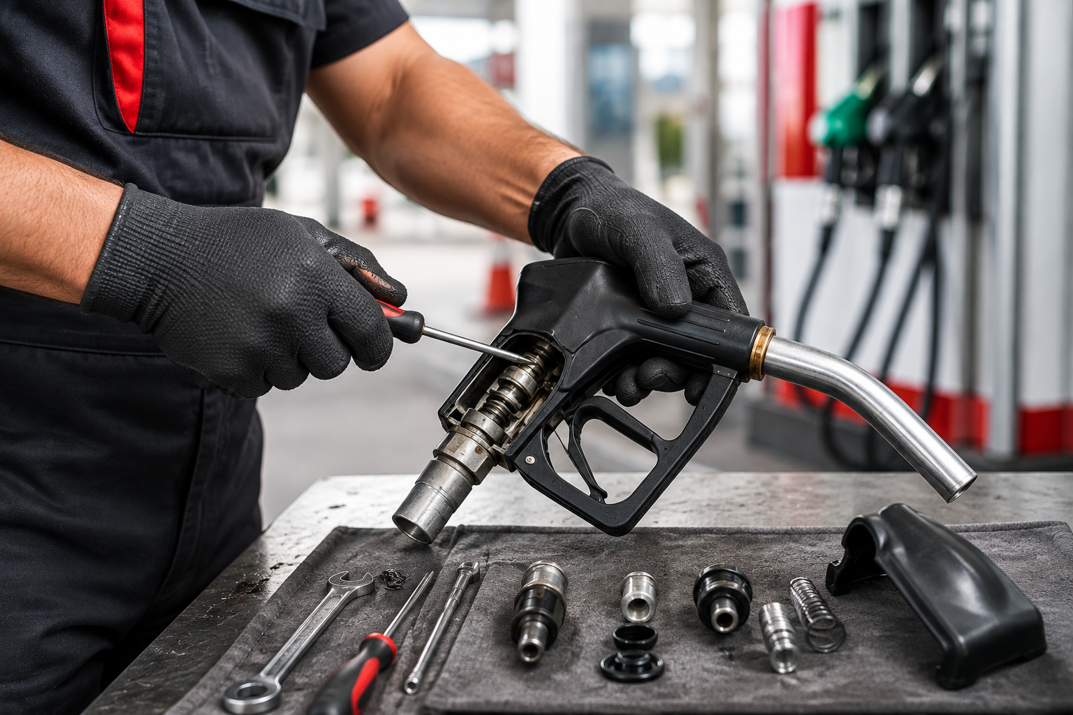 Mecánico con guantes reabasteciendo de combustible una hidrolavadora negra en un banco de trabajo con herramientas