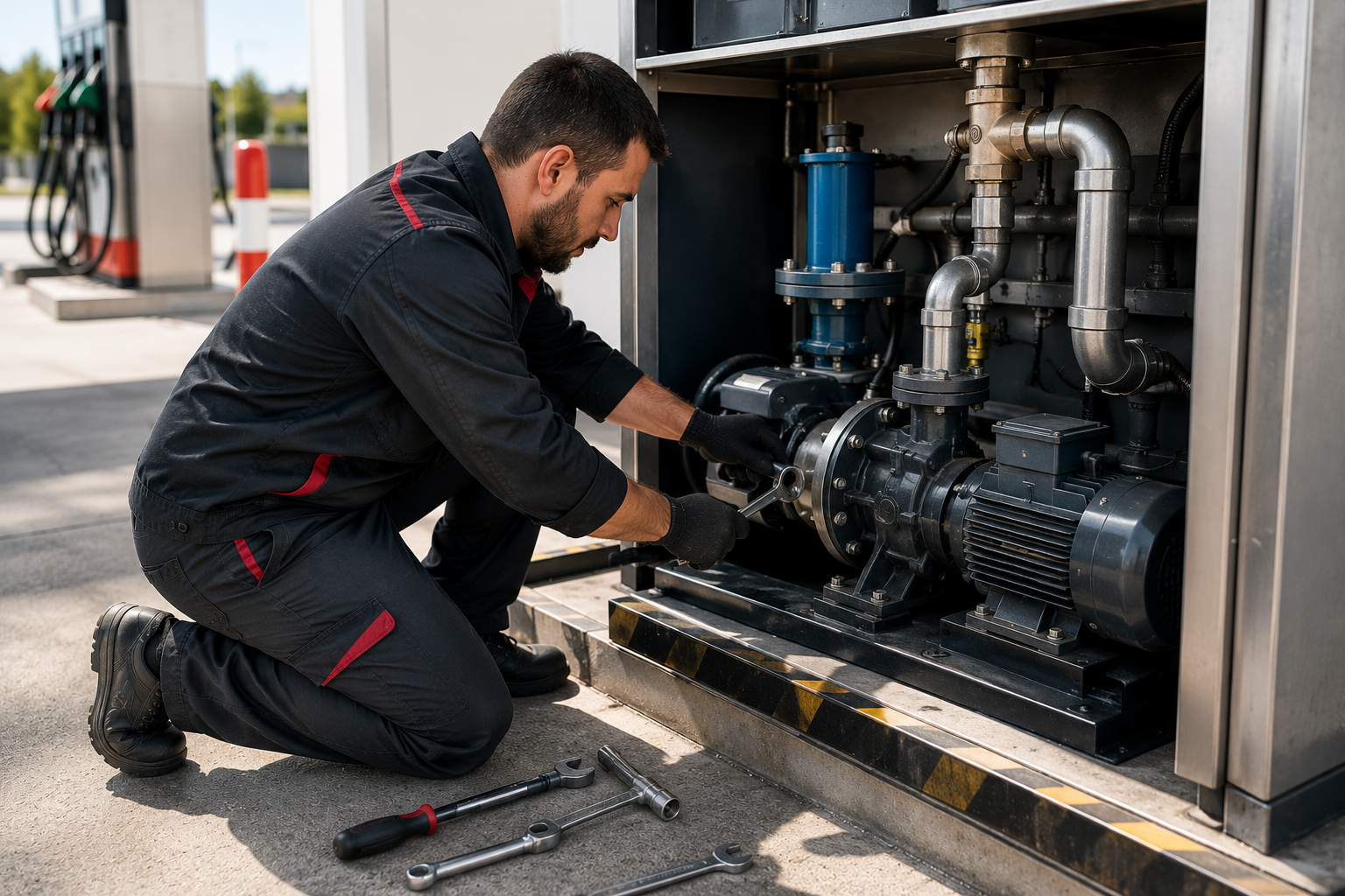 Técnico arrodillado inspeccionando maquinaria industrial y tuberías dentro de un recinto metálico.