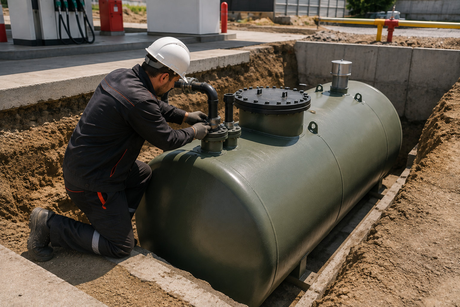 Un trabajador se arrodilla junto a un gran tanque subterráneo verde, ajustando válvulas en una obra de construcción.