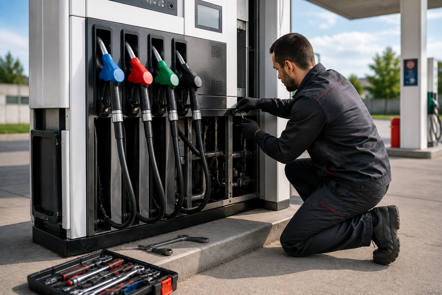 Un mecánico se arrodilla junto a un surtidor de gasolina para reparar las mangueras con boquillas rojas, azules