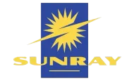 Logotipo de Sunray: explosión amarilla y rayo sobre un rectángulo azul, 