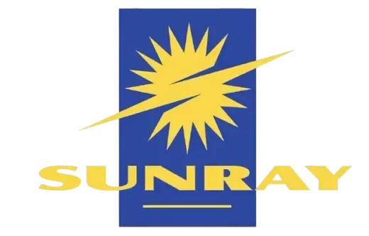 Logotipo de Sunray: explosión amarilla y rayo sobre un rectángulo azul, 