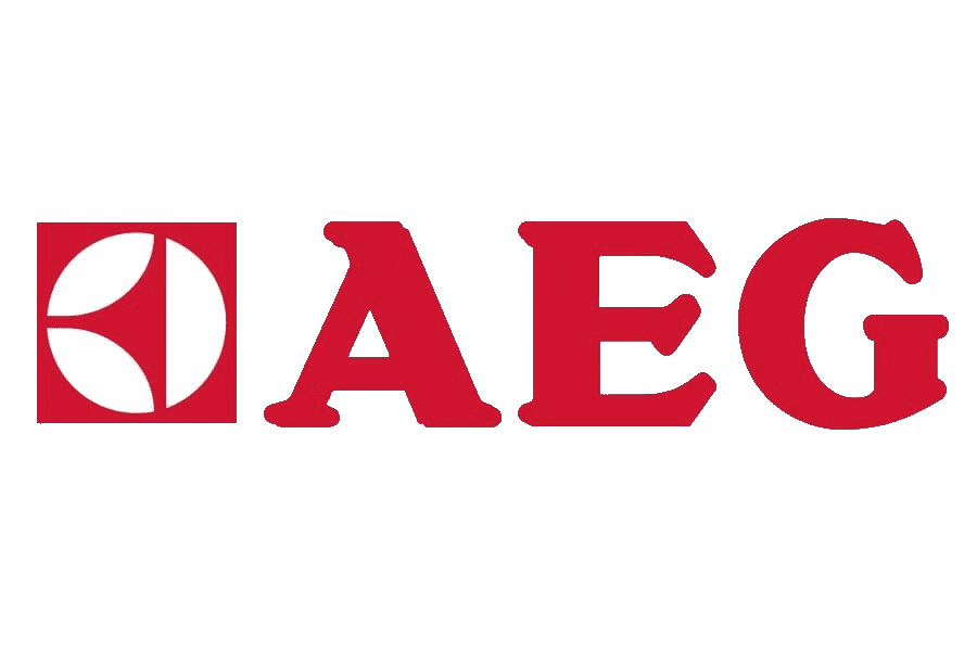 Logo AEG rouge sur fond blanc.