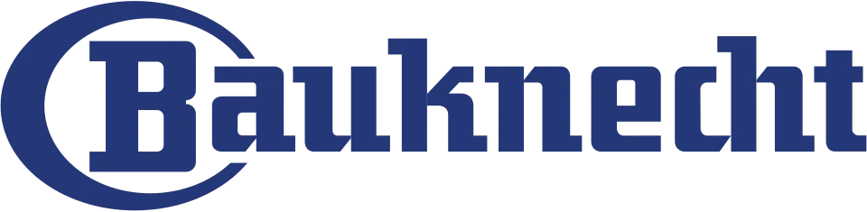 Logo Bauknecht en bleu avec un emblème ovale stylisé sur fond blanc