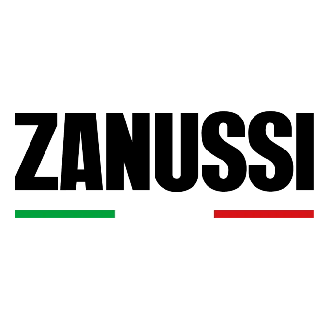 Logo Zanussi en texte noir avec des accents soulignés verts, blancs et rouges