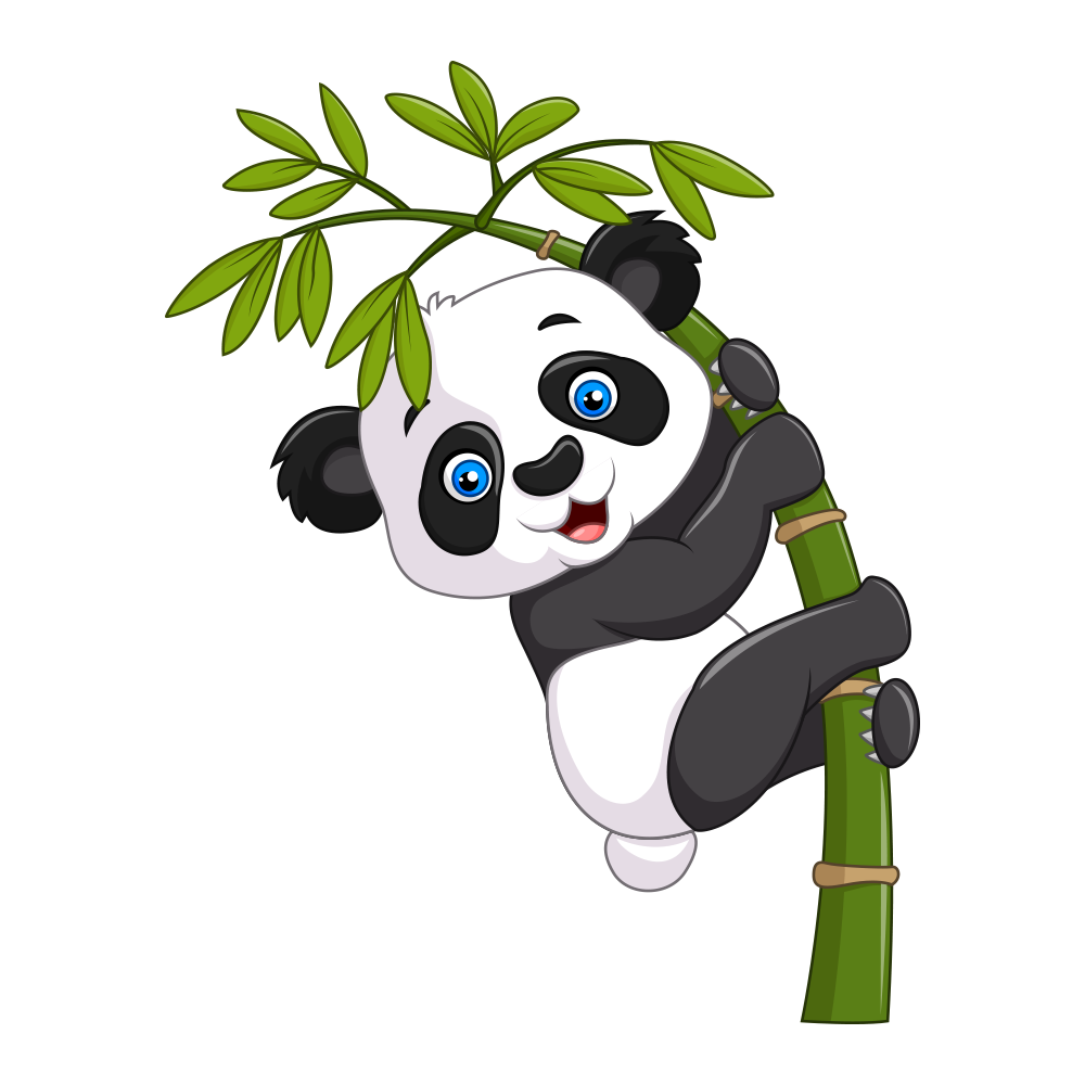 Un adorable panda de dessin animé qui grimpe à une tige de bambou, avec des feuilles vertes au-dessus de lui et un air joyeux