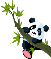 Un adorable panda de dessin animé s’accroche à une branche de bambou, avec des feuilles vertes et une patte rose visible.