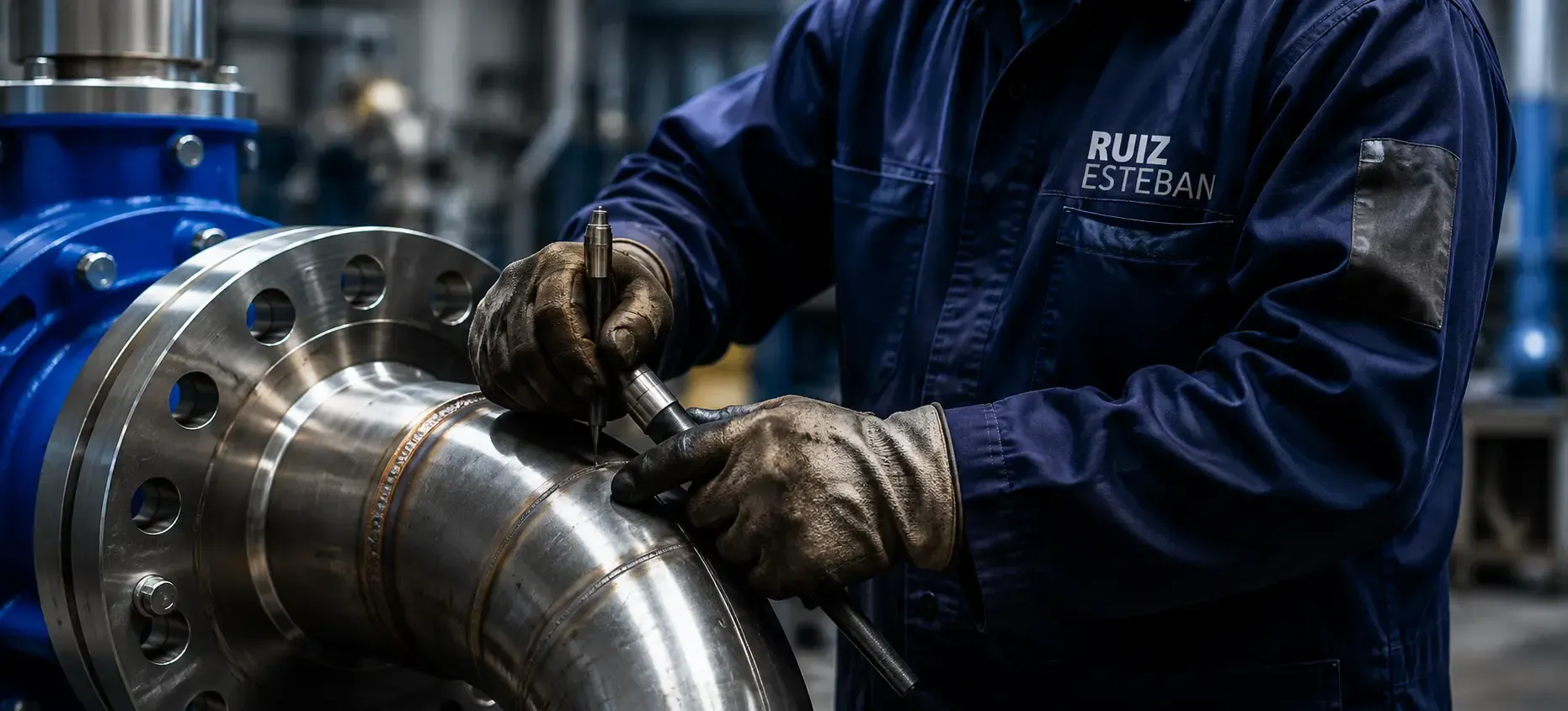 Técnico con mono azul trabajando en una brida de tubería metálica grande en un entorno industrial.