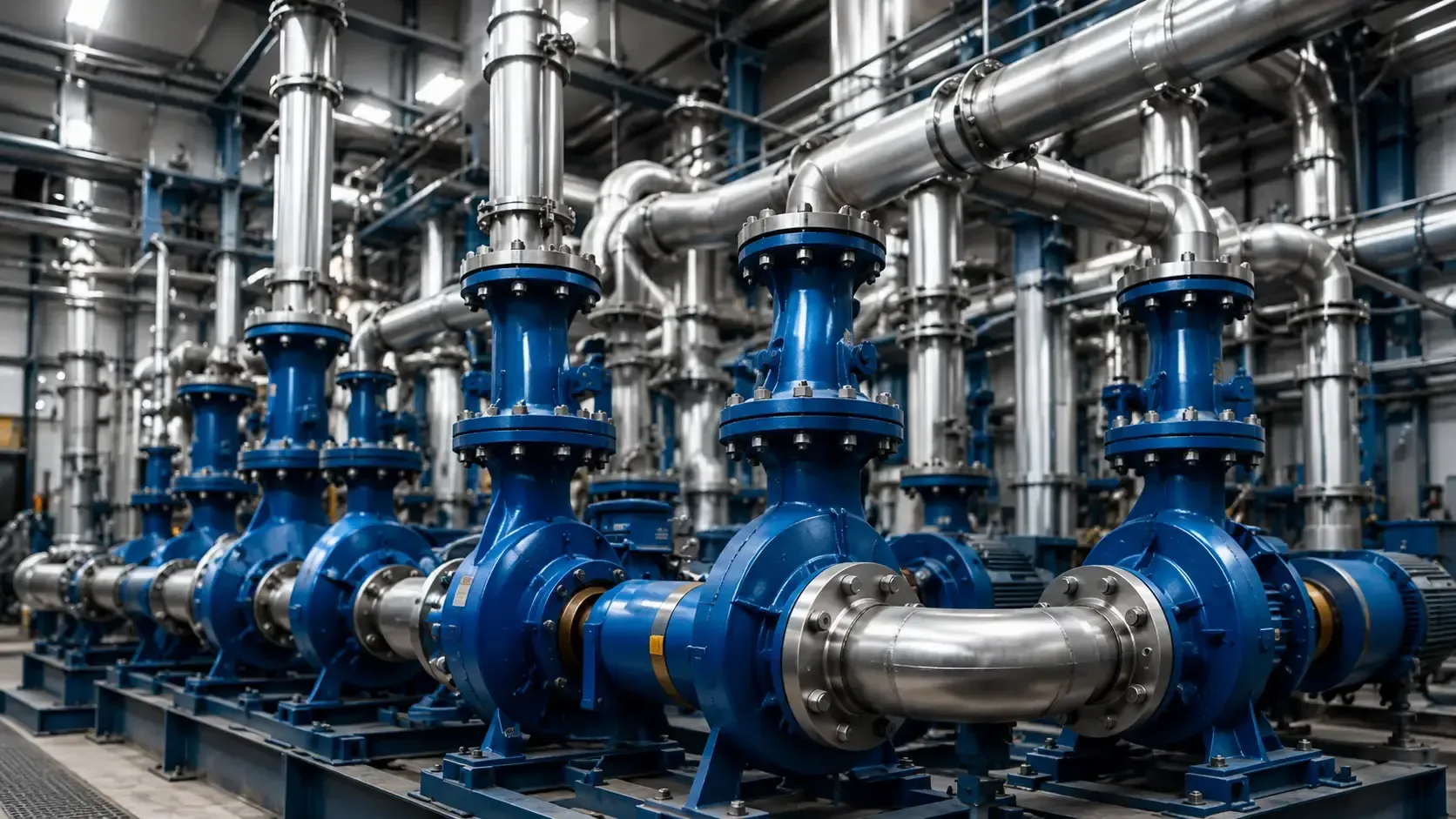 Tuberías y válvulas industriales de color azul en una planta mecánica