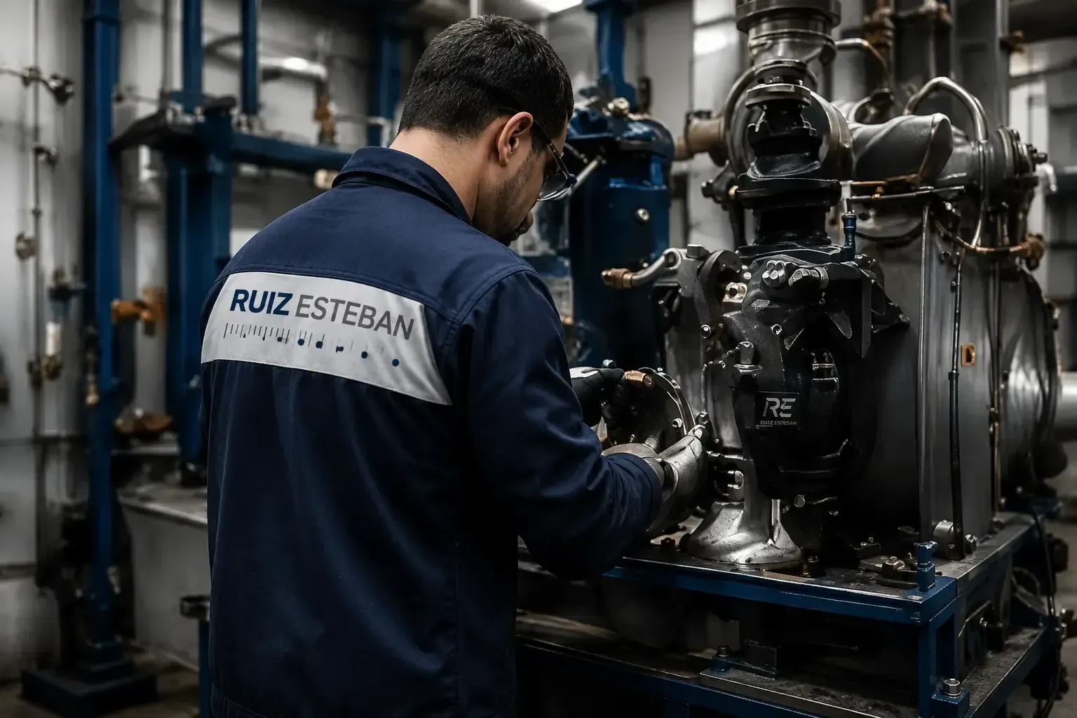 Técnico con chaqueta de trabajo azul inspeccionando maquinaria industrial en un taller de fábrica.